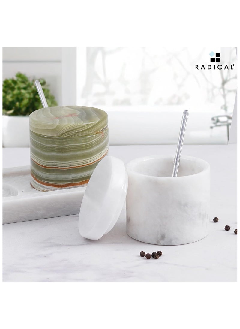RADICALn Radicaln Marble Salt Cellar With Lid & Tray White and Green Handmade Salt Bowl And Sugar Bowl - Set Of 2 Spices Container Set For Kitchen Storage - Brown Sugar Keeper  - Image 2