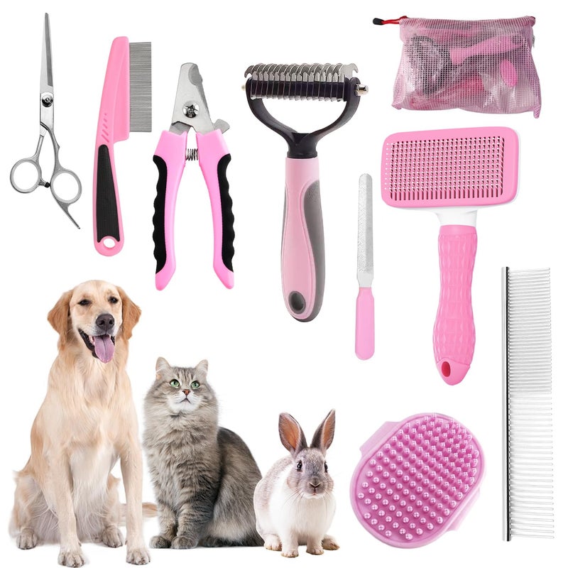 KUEIOX Dog Grooming Brush Kit,9 PCS All in One Pet Self Cleaning Kit with Pet Nail Clipper and File - Dog Cat Grooming Slicker Deshedding Undercoat Rake Brush Comb for All Small Large Dogs Cats Pink - Image 1
