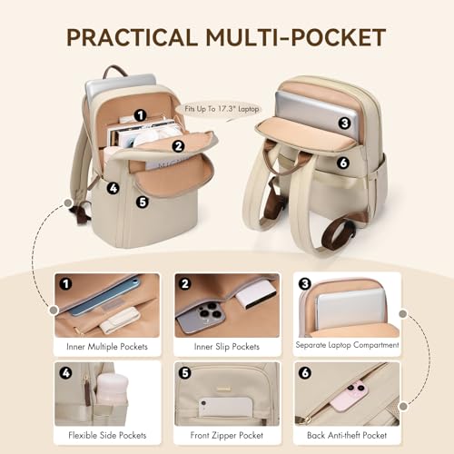 GOLF QUALITY Laptop Backpack for Women Travel Work Commute Casual Daypack Backpack Purse Computer Bags Fit 16 Inch Notebook (Apricot) - Image 4