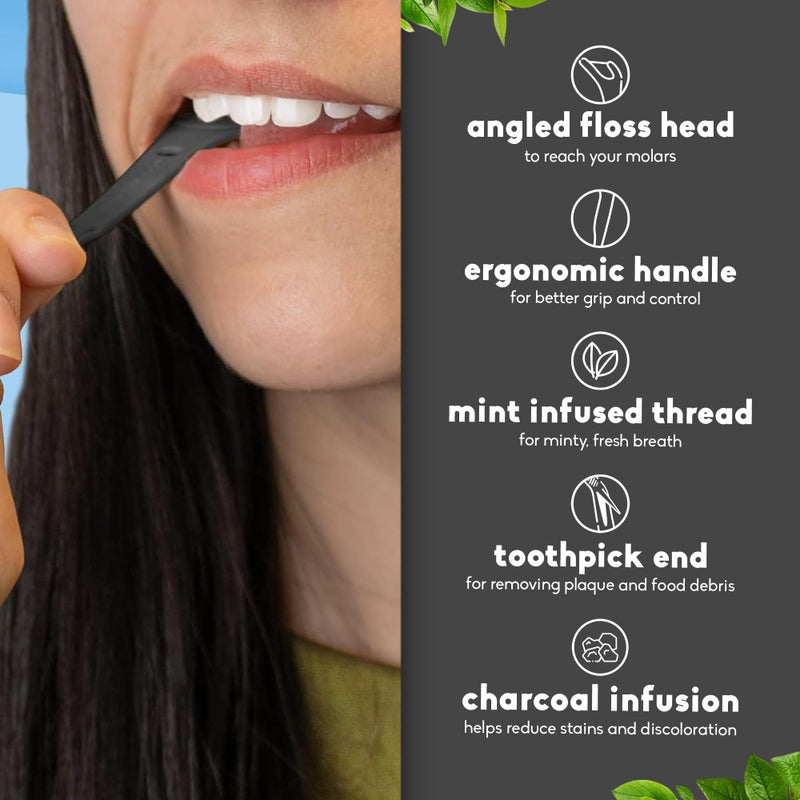 The Humble Co. The Humble Co Molar Floss Picks for Teeth, 200 Count (Charcoal) - Angled Dental Flossers with Extended Reach for Molars & Back Teeth - Plant-Based Floss for Interdental Oral Care, Hygiene & Gum Health - Image 3