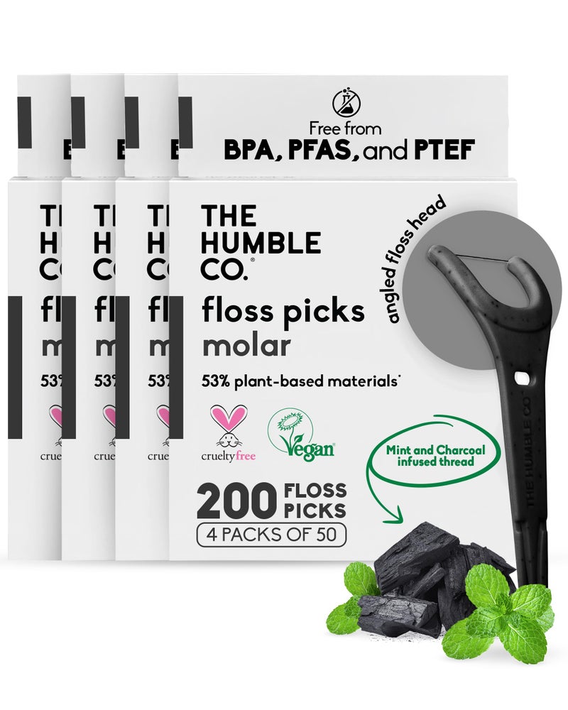 The Humble Co. The Humble Co Molar Floss Picks for Teeth, 200 Count (Charcoal) - Angled Dental Flossers with Extended Reach for Molars & Back Teeth - Plant-Based Floss for Interdental Oral Care, Hygiene & Gum Health - Image 1