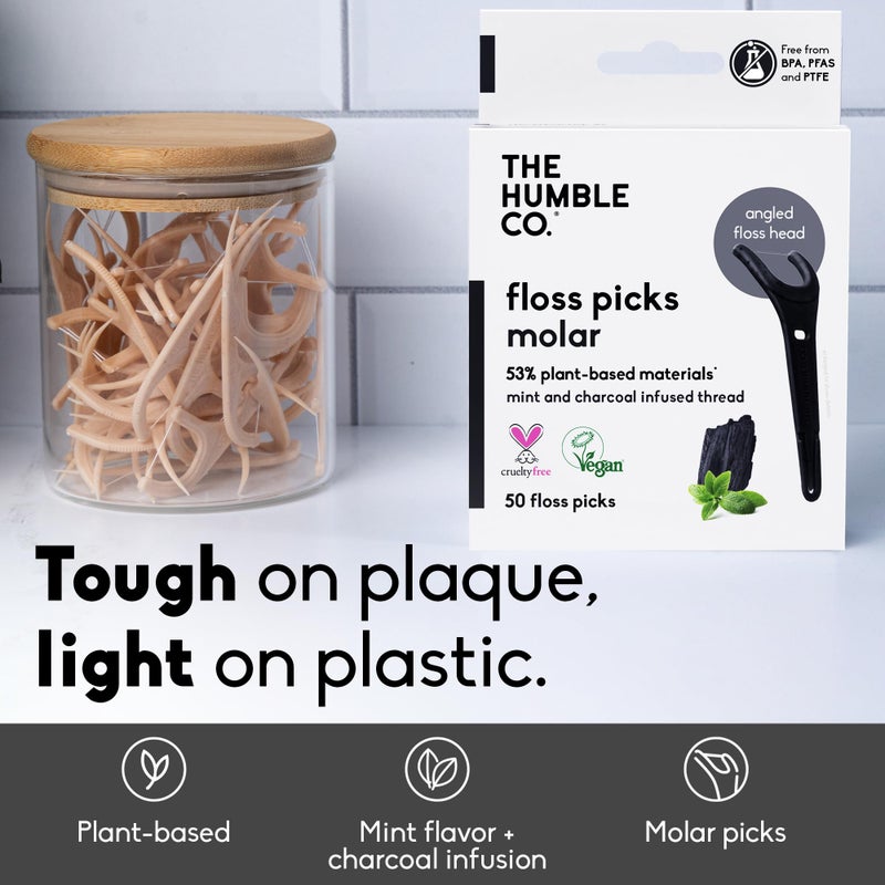 The Humble Co. The Humble Co Molar Floss Picks for Teeth, 200 Count (Charcoal) - Angled Dental Flossers with Extended Reach for Molars & Back Teeth - Plant-Based Floss for Interdental Oral Care, Hygiene & Gum Health - Image 2