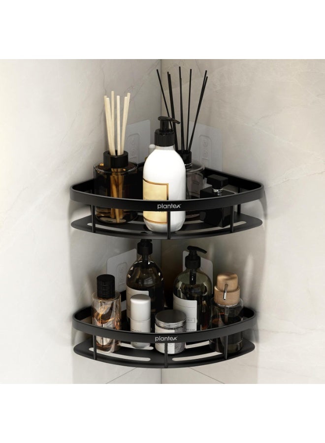 Plantex Corner Shelf for Bathroom Wall/No Drill Bathroom Organiser/Aluminium Corner Shelf for Kitchen/Self Adhesive Shelf (9x9 inches, Matt Black) - Pack of 2 - Image 1