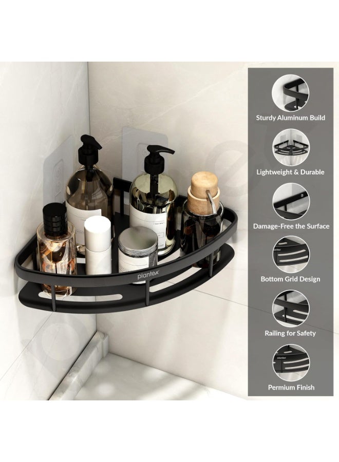 Plantex Corner Shelf for Bathroom Wall/No Drill Bathroom Organiser/Aluminium Corner Shelf for Kitchen/Self Adhesive Shelf (9x9 inches, Matt Black) - Pack of 2 - Image 2