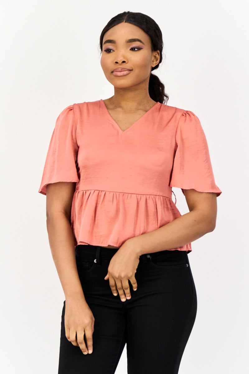 ONLY بلوزة نسائية بأكمام قصيرة على شكل حرف V، وردي - Image 1