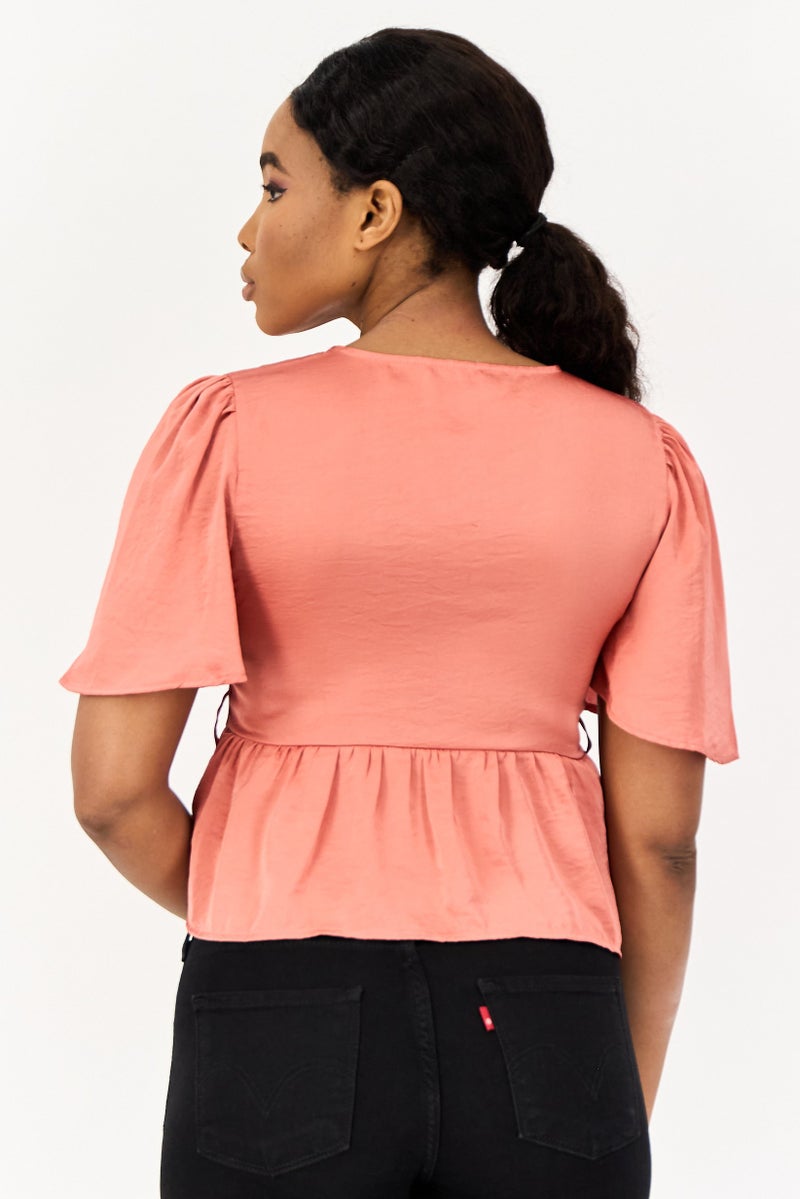 ONLY بلوزة نسائية بأكمام قصيرة على شكل حرف V، وردي - Image 2