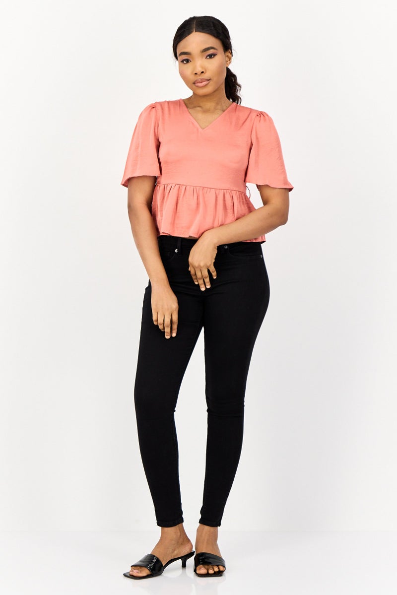 ONLY بلوزة نسائية بأكمام قصيرة على شكل حرف V، وردي - Image 4