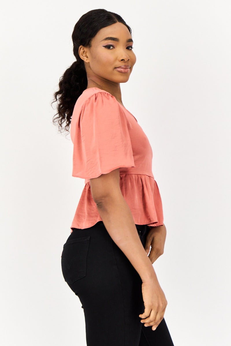 ONLY بلوزة نسائية بأكمام قصيرة على شكل حرف V، وردي - Image 3