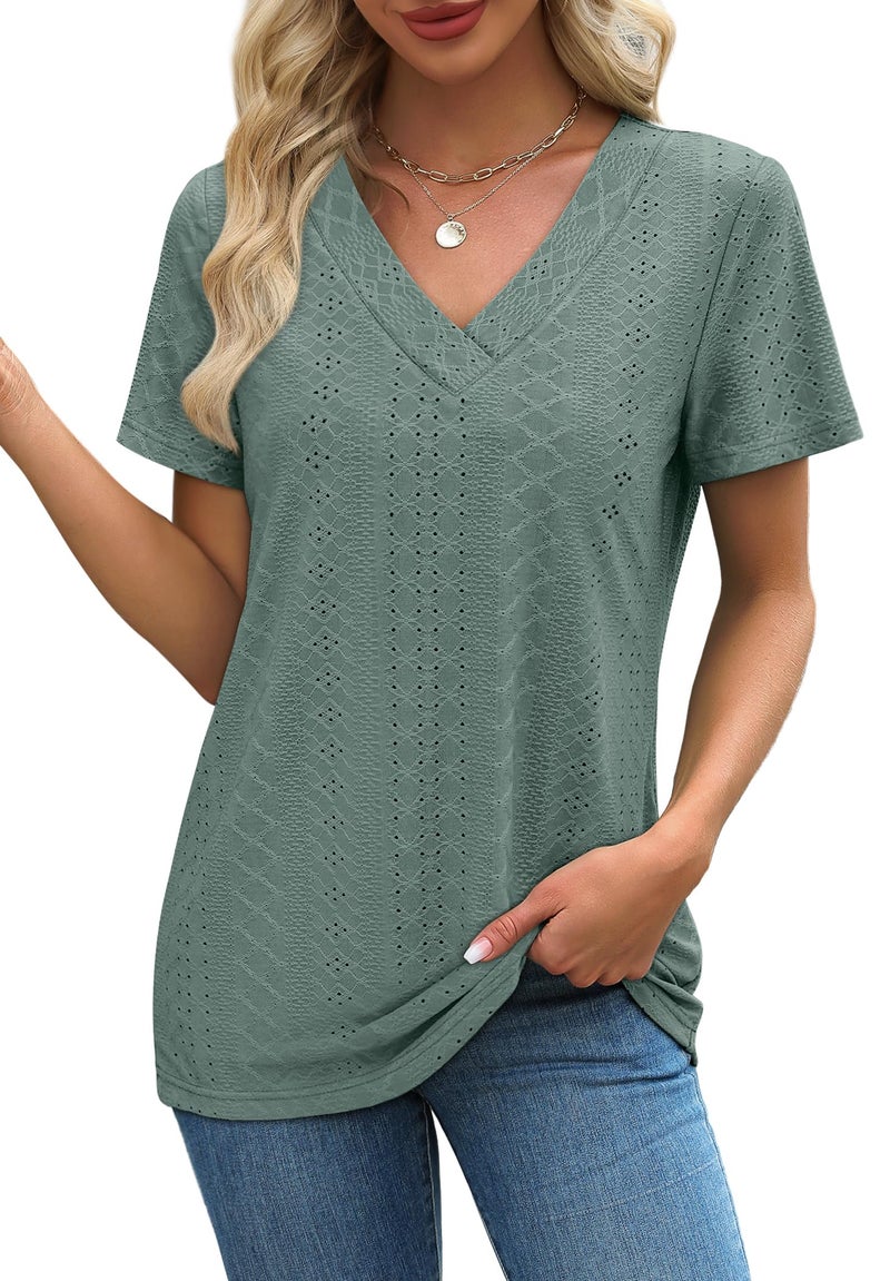 SAMPEEL Tshirts Shirts for Women V Neck Spring Clothes Plus Size Tops Summer Clothing Flowy Business Casual Outfits Breathable Green XL - Image 3
