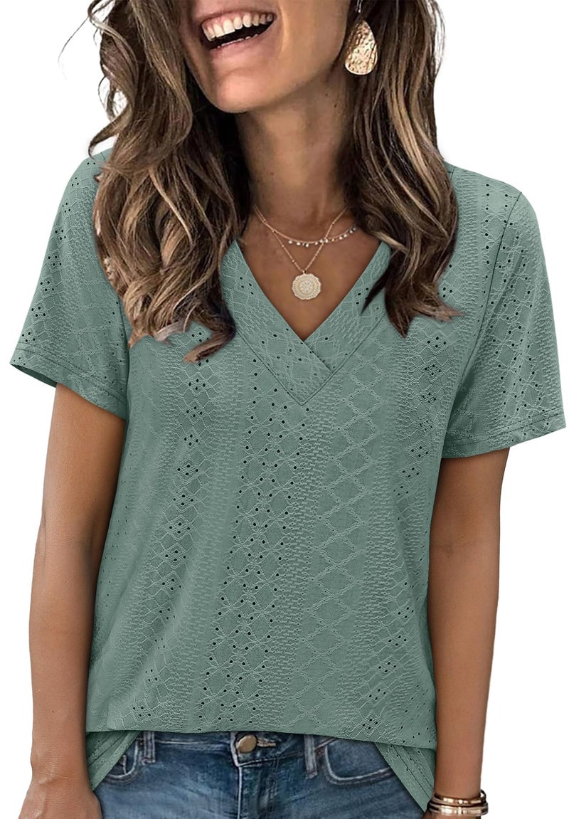 SAMPEEL Tshirts Shirts for Women V Neck Spring Clothes Plus Size Tops Summer Clothing Flowy Business Casual Outfits Breathable Green XL - Image 1