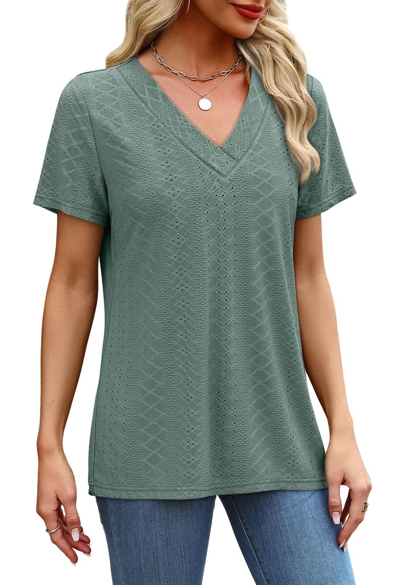 SAMPEEL Tshirts Shirts for Women V Neck Spring Clothes Plus Size Tops Summer Clothing Flowy Business Casual Outfits Breathable Green XL - Image 4