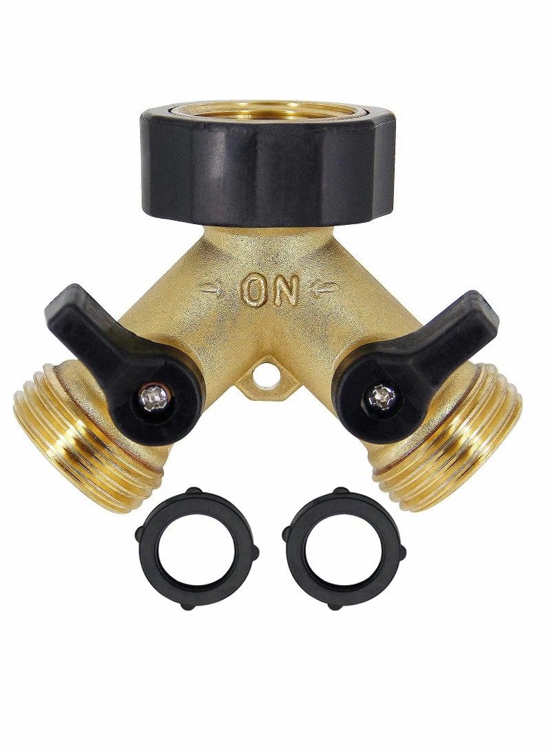Hose Splitter 2 Way Garden Heavy Duty Solid Brass Hose Y Splitter Hose Faucet Splitter 3or4" Brass Hose Adapter Connectors Shut Off Valve Hose SP IGot Adapter 2 Valves 1 Pack - Image 1