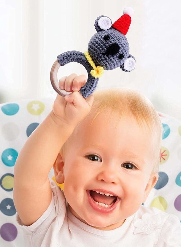 WAOKN Baby Crochet Rattle Wooden Rings Animal Shape Knitted Handmade Grasping Toy Baby Teething Toy For Birth Girl Boy Baby Baby Shower  - Image 5