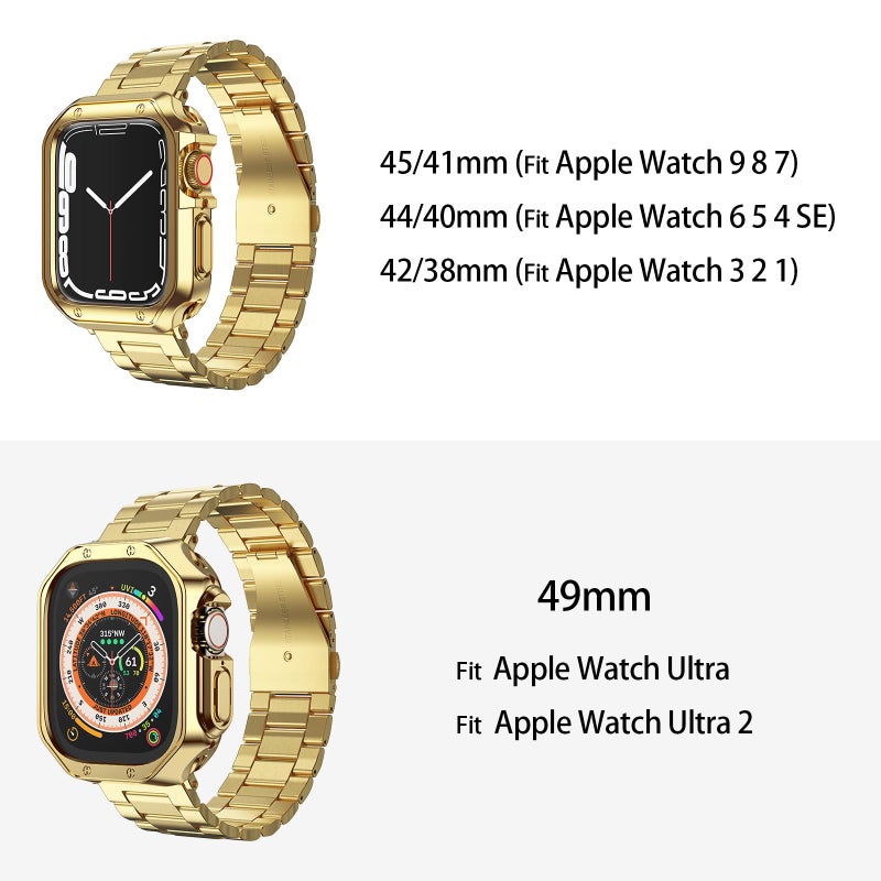 MRYUESG Compatible with Apple Watch Ultra 3/2/1 Band and Case, Stainless Steel Metal Chain with TPU Cover, Smart-Watch Link Bracelet Strap for men, Wrist-Band for i-Watch Ultra, 49mm, Gold - Image 3