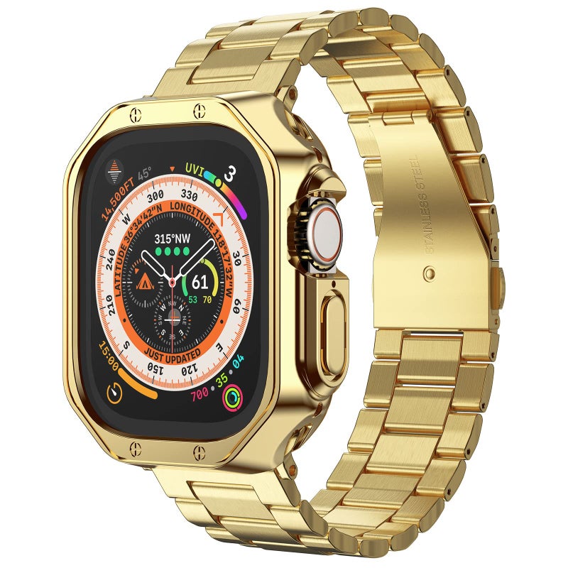 MRYUESG Compatible with Apple Watch Ultra 3/2/1 Band and Case, Stainless Steel Metal Chain with TPU Cover, Smart-Watch Link Bracelet Strap for men, Wrist-Band for i-Watch Ultra, 49mm, Gold - Image 1