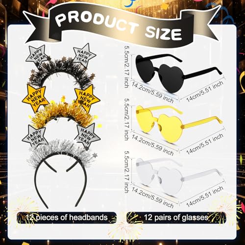 Jutom 24 Pcs 2026 New Year Eve Party Supplies for 12 Guests Happy New Year Headbands Gold Black Eyeglasses Accessories Kit for 2026 Eve Party Decorations Holiday Celebration - Image 5