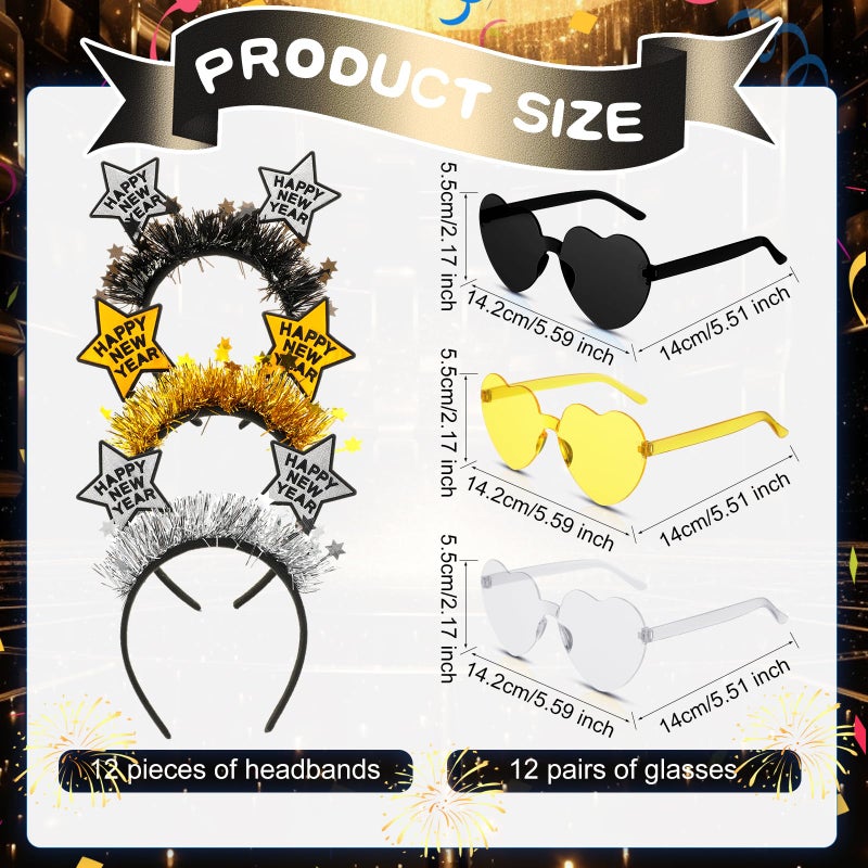 Jutom 24 Pcs 2026 New Year Eve Party Supplies for 12 Guests Happy New Year Headbands Gold Black Eyeglasses Accessories Kit for 2026 Eve Party Decorations Holiday Celebration - Image 3