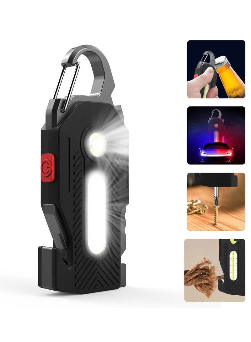 Keychain Flashlight, Rechargeable Flashlights, 7-in-1 Mini COB Keychain Work Light, 6 Lighting Modes with Bottle Opener Screwdriver Survival Whistle for Camping Fishing Hiking Emergency - Image 1