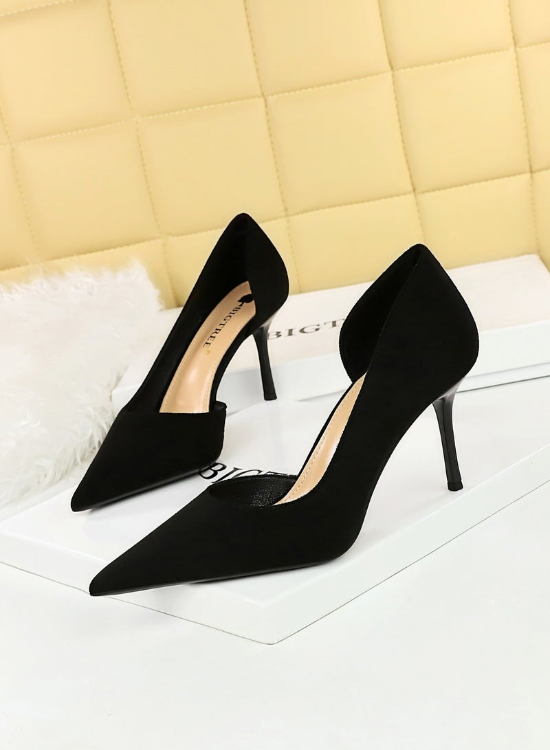 BIGTREE 8.5cm Fashion Simple Stiletto Heels Women's Lean Suede Shallow Mouth Pointed Side Hollowed Out Single Shoes Black - Image 1