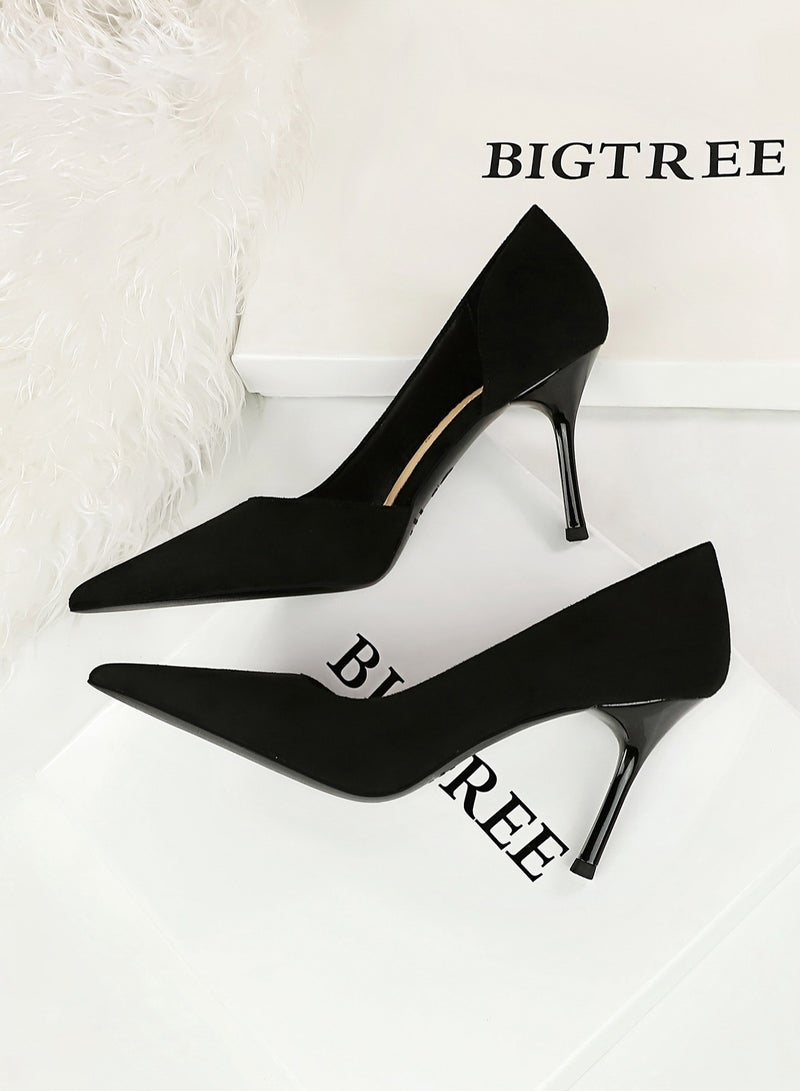 BIGTREE 8.5cm Fashion Simple Stiletto Heels Women's Lean Suede Shallow Mouth Pointed Side Hollowed Out Single Shoes Black - Image 2