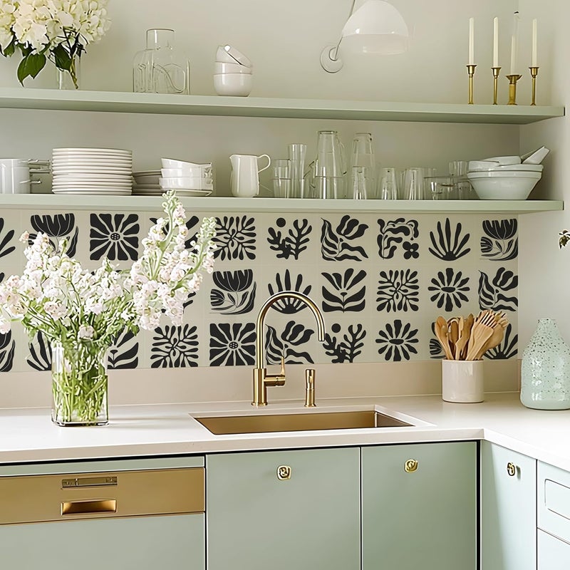 Alwayspon Self-Adhesive Vinyl Wall Tile Stickers, 25 Pieces, 6 Inch Peel and Stick Tiles Transfer Vinyl Flooring Waterproof Splash Guard for Kitchen, Bathroom, Black and White Flowers - Image 5