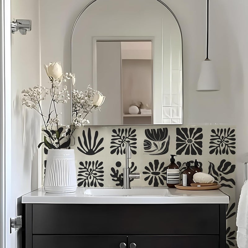 Alwayspon Self-Adhesive Vinyl Wall Tile Stickers, 25 Pieces, 6 Inch Peel and Stick Tiles Transfer Vinyl Flooring Waterproof Splash Guard for Kitchen, Bathroom, Black and White Flowers - Image 3