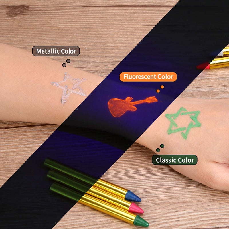 EFFECTEER Face Paint Crayons for Kids, 36 Makeup Sticks & 36 Stencils, Professtional Face Painting kit for Halloween or Birthday Party, 6 Fluorescent, 6 Metallic & 24 Classic Colors, Safe for Sensitive Skin - Image 2