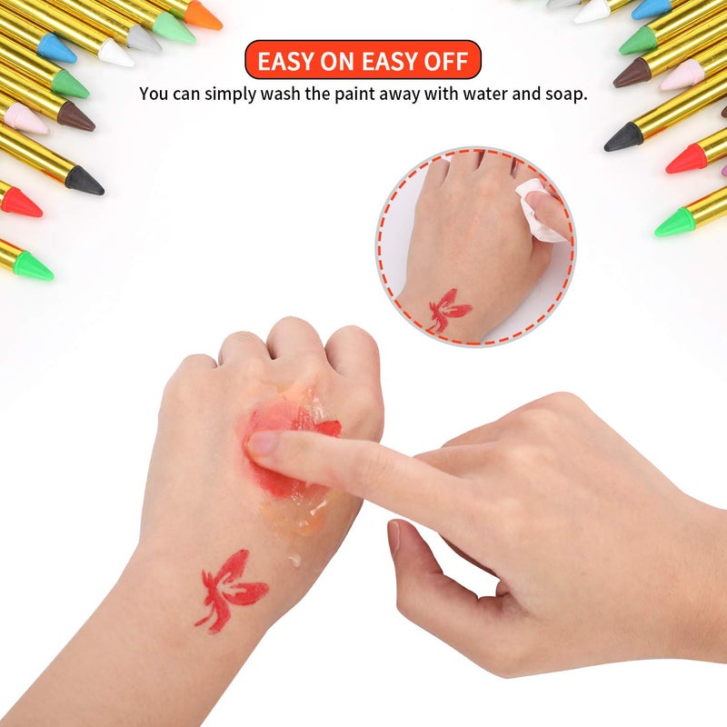EFFECTEER Face Paint Crayons for Kids, 36 Makeup Sticks & 36 Stencils, Professtional Face Painting kit for Halloween or Birthday Party, 6 Fluorescent, 6 Metallic & 24 Classic Colors, Safe for Sensitive Skin - Image 3