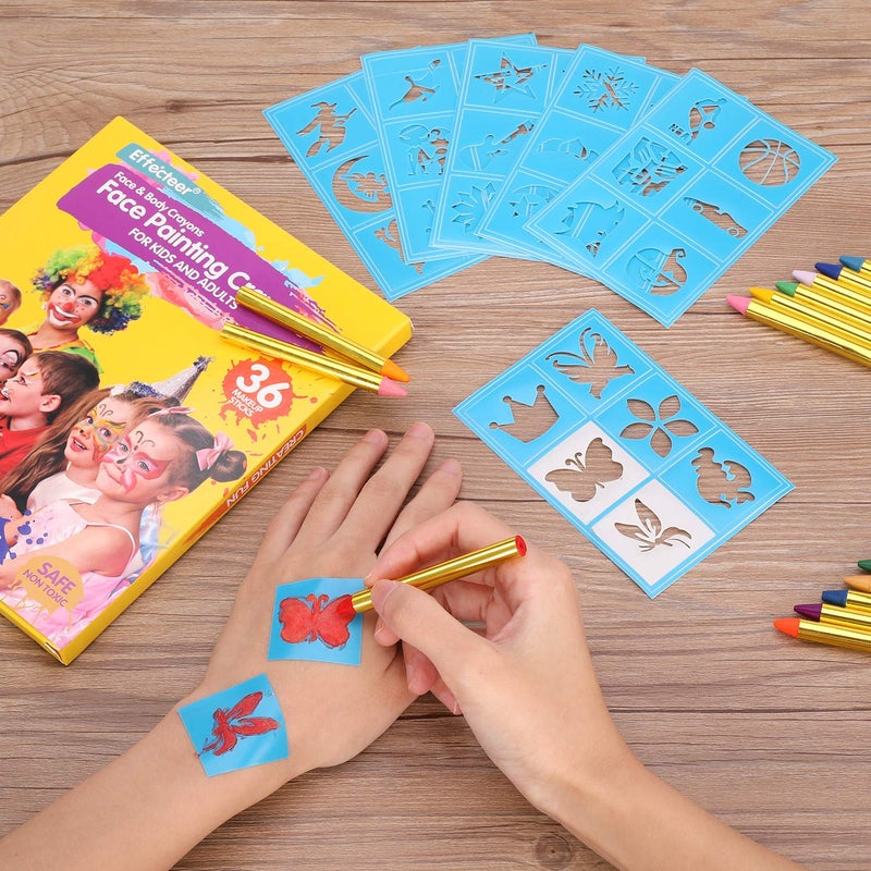 EFFECTEER Face Paint Crayons for Kids, 36 Makeup Sticks & 36 Stencils, Professtional Face Painting kit for Halloween or Birthday Party, 6 Fluorescent, 6 Metallic & 24 Classic Colors, Safe for Sensitive Skin - Image 4