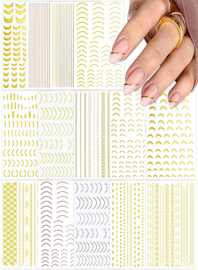 SILPECWEE 14 Sheets Gold Nail Stickers French Line Metallic Curve Strip Nail Decals Self Adhesive Nail Art Stickers Nail Design Stickers 3D Nail Decoration for Women Kids - Image 1