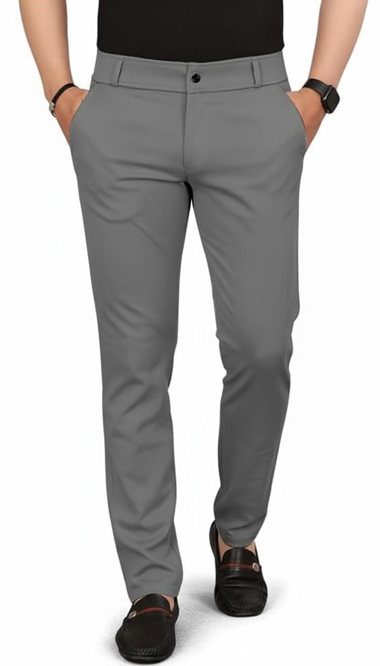 VALLEY Men's Slim Fit Casual Mid Rise Trousers, Cotton Blend, Side Pockets || Classic Slim Fit Chino Pants || Business Casual Dress Trousers (in, Alpha, L, Regular, Dark Grey) - Image 1