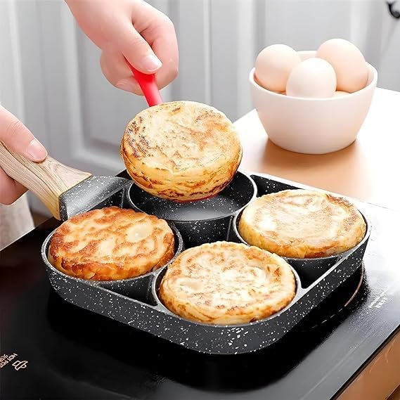 SGABANI Egg Frying with Detachable Wooden Handle, Ceramic Non-Stick Frying Pan with 4 Hole Pancake Fried Egg Burger Omelette Pan, Multi-Purpose for Kitchen Breakfast (7 Inch) - Image 2