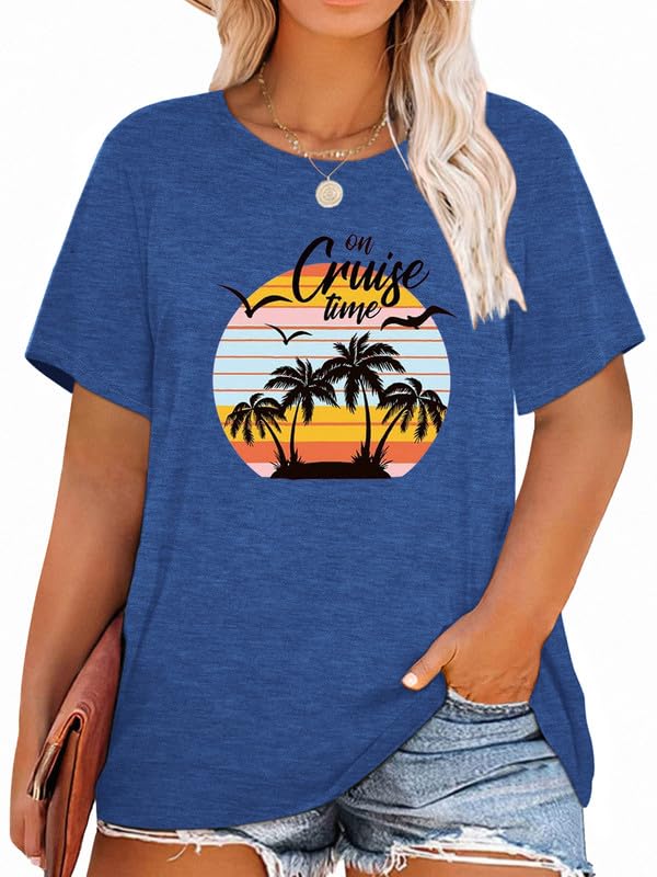 HDLTE Plus Size Tshirts for Women Oversized Graphic Tees Short Sleeve Crewneck Cute Casual Tops Loose Summer Outfit 2025 Blue Palmtree 2X