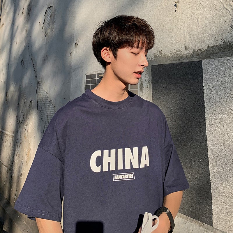 2024 Summer Hong Kong Style Couple Quarter Sleeve Printed T-Shirt Loose Short Sleeve Trendy Student Dt9019 - Image 1