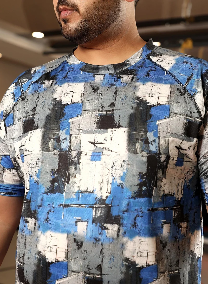 Instafab Plus Men's Royal Blue & Moon Grey Abstract Activewear T-Shirt