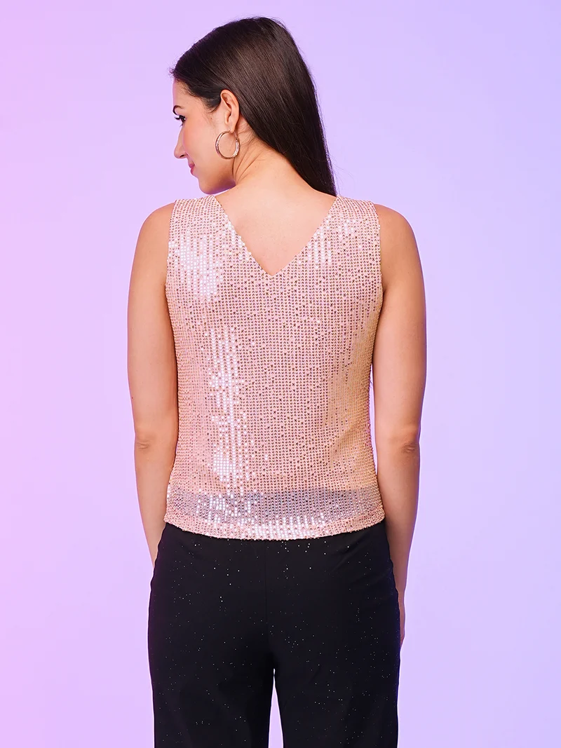 globus  Women Rose Gold Round Neck Sleeveless Sequinned Party Top for Women | Best Price UAE
