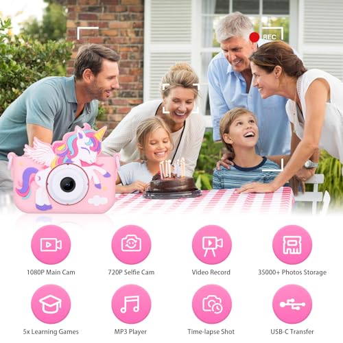 Envyvip Unicorn Toys Camera for Kids Girls Age 38 Toddler Kids Digital Camera Christmas Birthday Gifts for 3 4 5 6 7 8 Years Old Girl Cute Selfie Video Camera HD 1080P 32GB SD Card Included Pink - Image 5