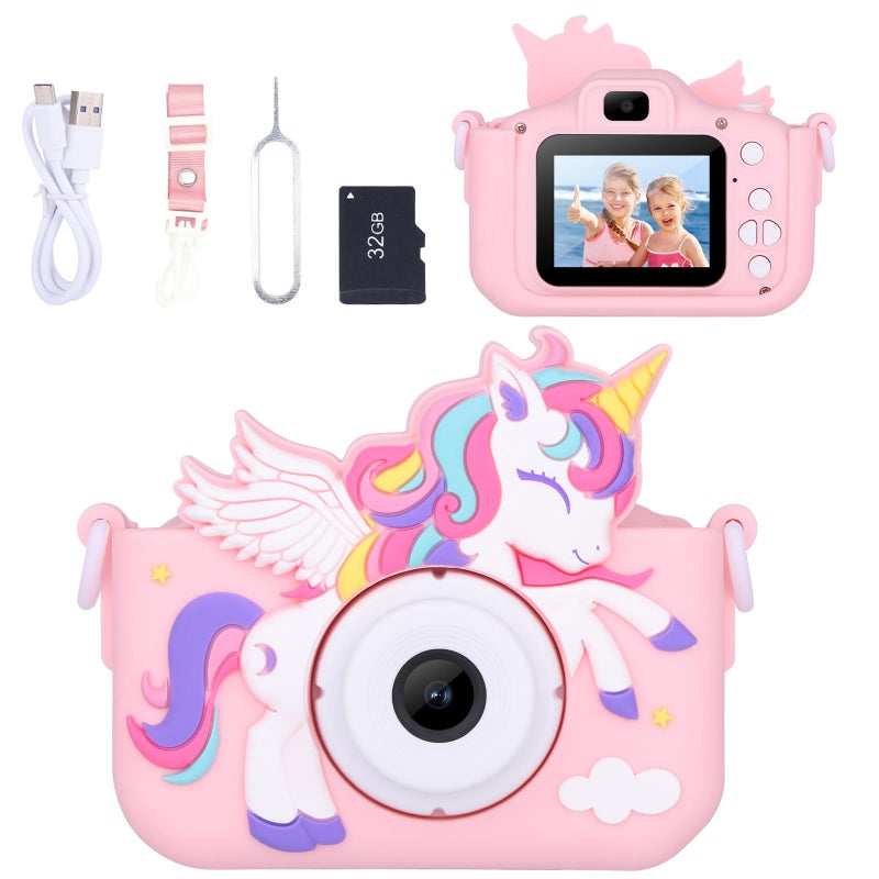 Envyvip Unicorn Toys Camera for Kids Girls Age 38 Toddler Kids Digital Camera Christmas Birthday Gifts for 3 4 5 6 7 8 Years Old Girl Cute Selfie Video Camera HD 1080P 32GB SD Card Included Pink - Image 2