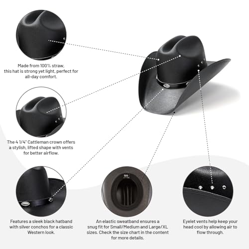 Western Express Natural Straw Cowboy Hat for Men and Women - Cattleman Style with Black Hat Band and Silver Conchos - Image 4