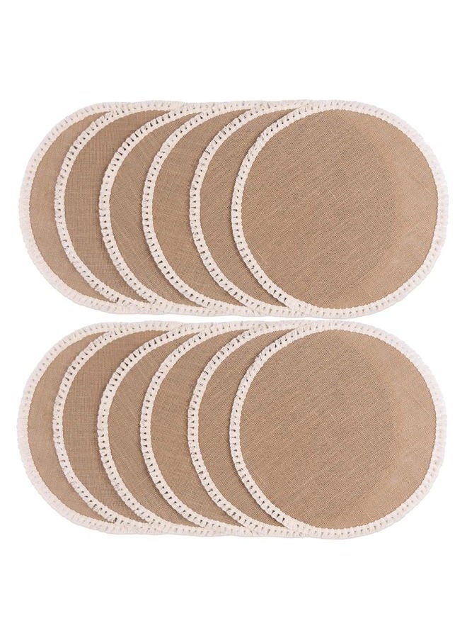 FunWheat 15 Inch Round Jute Placemats Set of 12, Braided Burlap Table Mats for Dining Table, Heat Resistant Farmhouse Woven Placemats for Fall Farmhouse Decor (Short Tassels) - Image 1