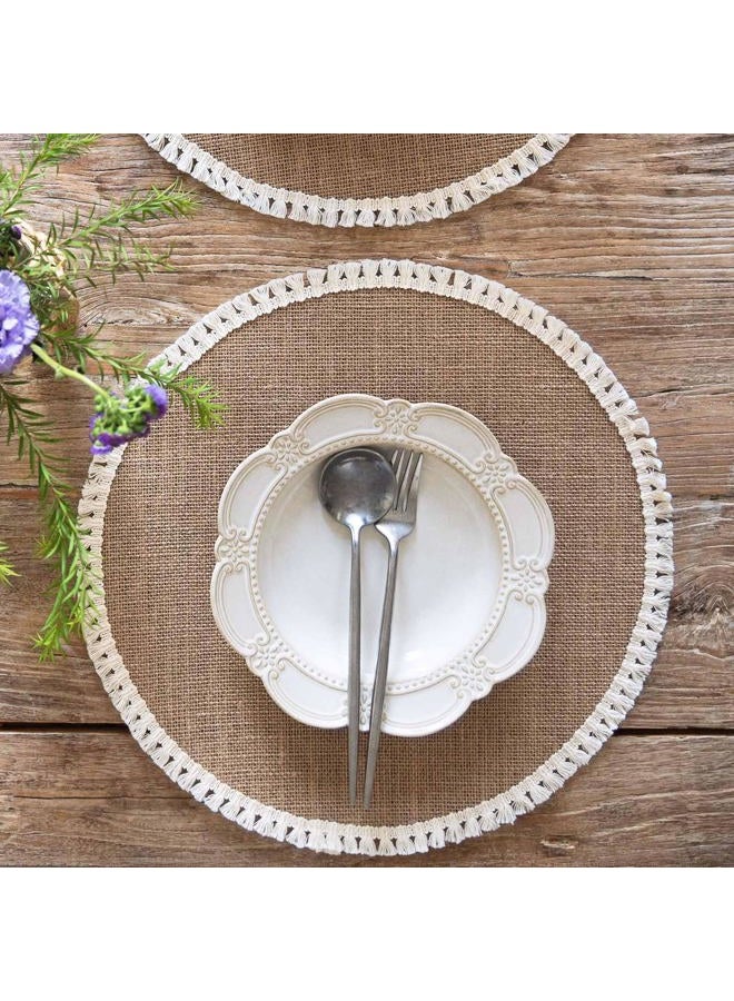 FunWheat 15 Inch Round Jute Placemats Set of 12, Braided Burlap Table Mats for Dining Table, Heat Resistant Farmhouse Woven Placemats for Fall Farmhouse Decor (Short Tassels) - Image 4