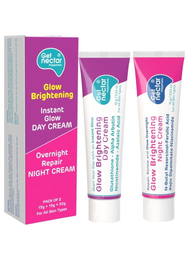 Get Nectar Happiness احصل على ثنائي كريم "Nectar Happiness Glow" النهاري والليلي لتفتيح البشرة؛ تركيبة غنية بالجلوتاثيون، وألفا أربوتين، والنياسيناميد، وحمض الكوجيك، وحمض الفيروليك. يعمل المنتج على معالجة البقع الداكنة والتصبغات وإزالة آثار الاسمرار ومنح البشرة إشراقة مميزة. مناسب للرجال والنساء، ويتميز بتركيبة خفيفة غير دهنية (عبوتان بحجم 15 جم لكل منهما، بإجمالي 30 جم). - Image 1