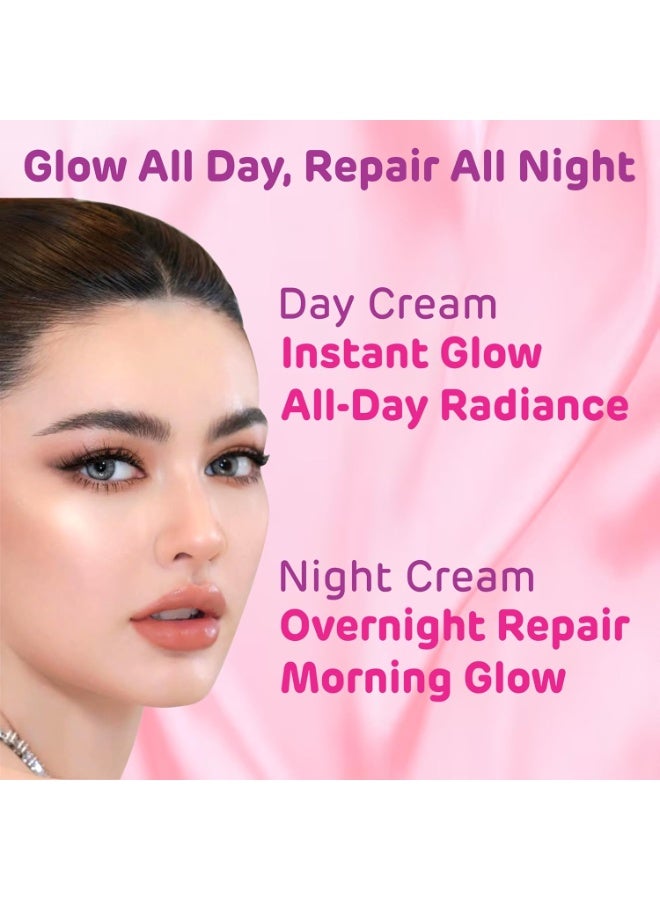 Get Nectar Happiness احصل على ثنائي كريم "Nectar Happiness Glow" النهاري والليلي لتفتيح البشرة؛ تركيبة غنية بالجلوتاثيون، وألفا أربوتين، والنياسيناميد، وحمض الكوجيك، وحمض الفيروليك. يعمل المنتج على معالجة البقع الداكنة والتصبغات وإزالة آثار الاسمرار ومنح البشرة إشراقة مميزة. مناسب للرجال والنساء، ويتميز بتركيبة خفيفة غير دهنية (عبوتان بحجم 15 جم لكل منهما، بإجمالي 30 جم). - Image 2