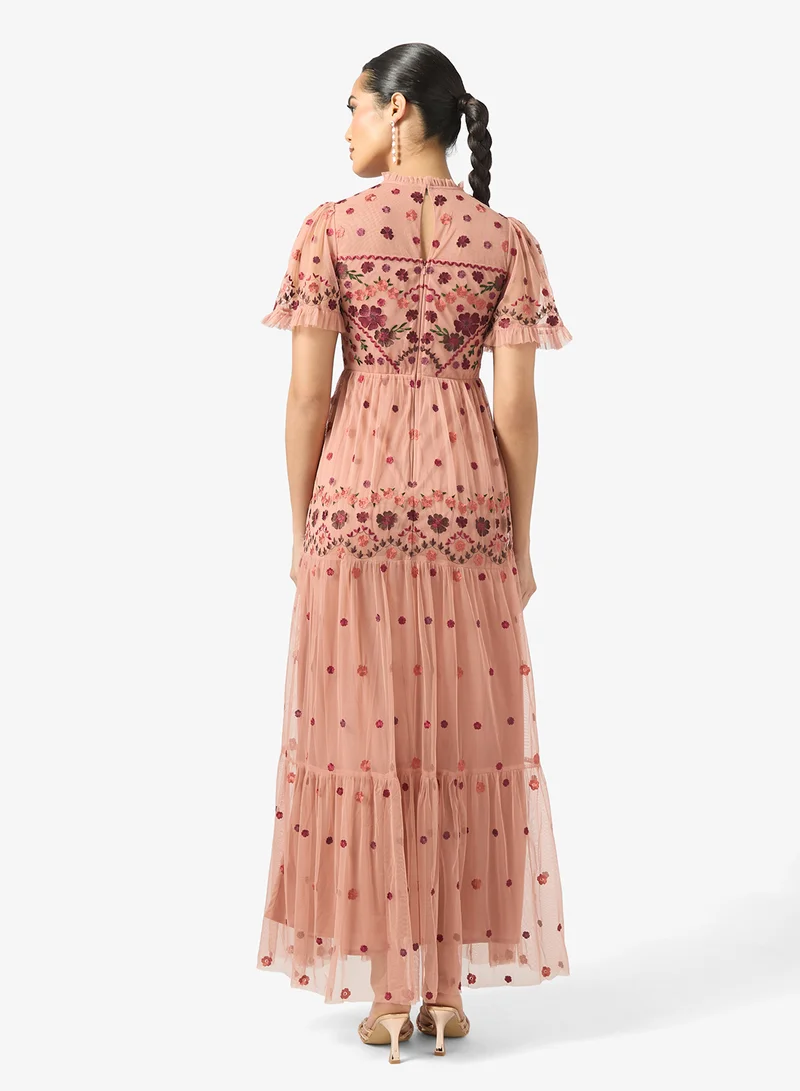 مايا Embroidered Tiered High Neck Maxi Dress