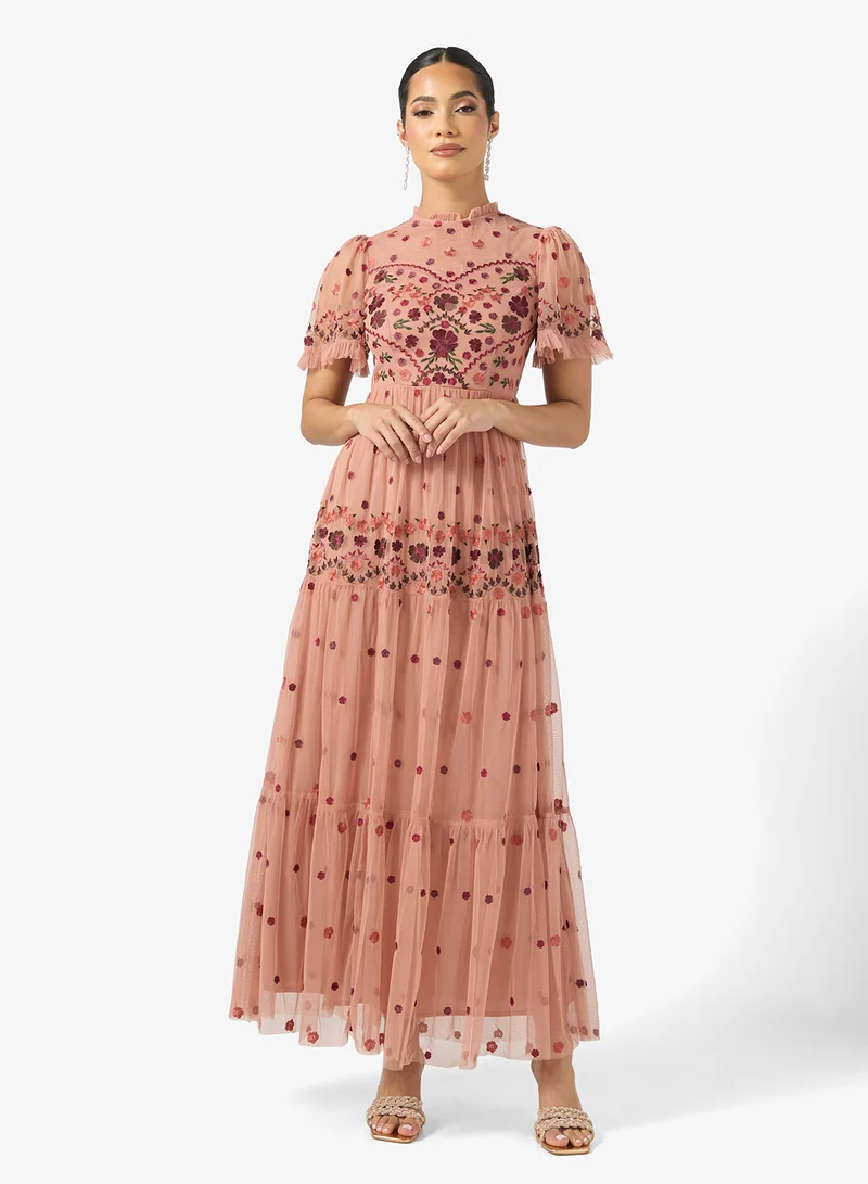 مايا Embroidered Tiered High Neck Maxi Dress