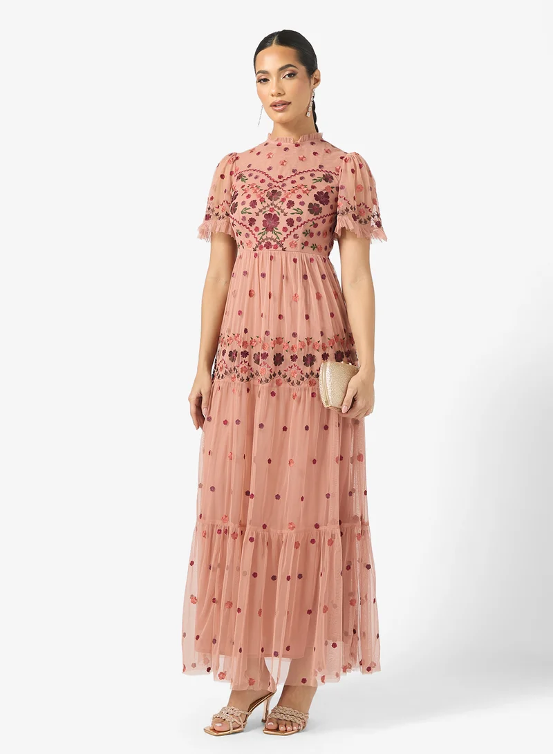 Maya Embroidered Tiered High Neck Maxi Dress