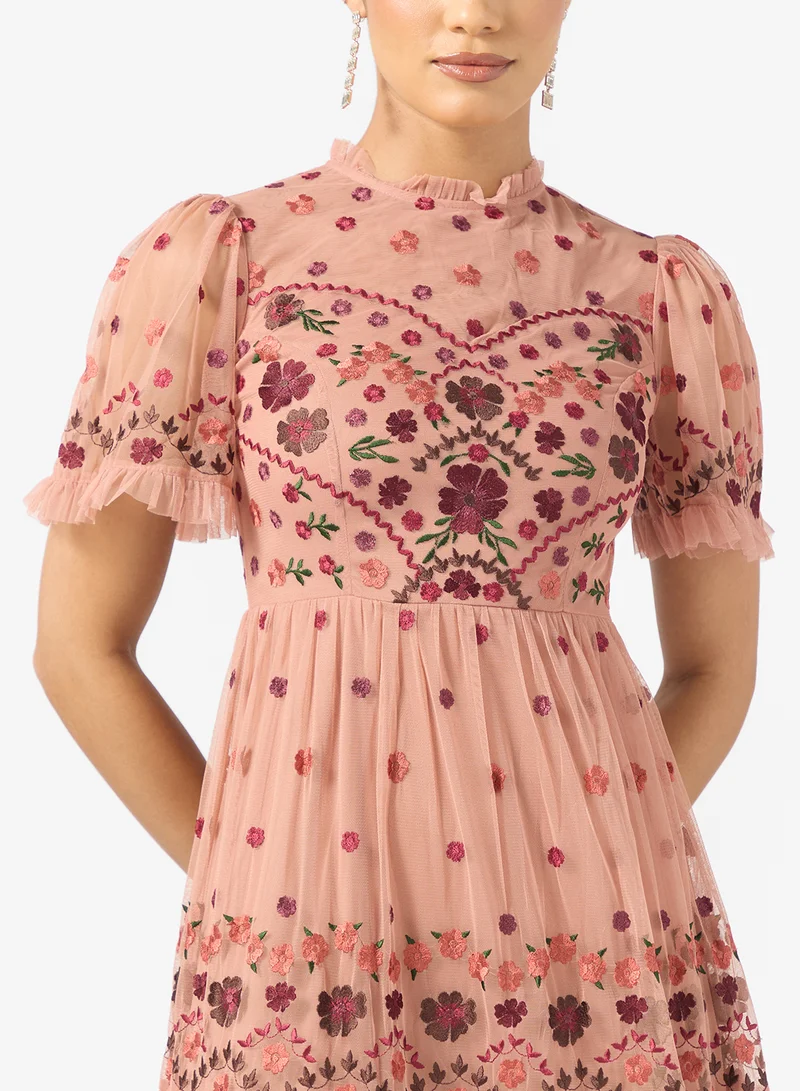 Maya Embroidered Tiered High Neck Maxi Dress