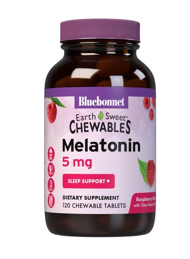 Bluebonnet نوتريشن إيرث سويت ميلاتونين 5 ملغ سريع المفعول قابل للذوبان ليلاً للاسترخاء ودعم النوم المريح - مساعد للنوم - خالي من الغلوتين، نباتي - بنكهة التوت - 120 قرص قابل للمضغ - Image 1