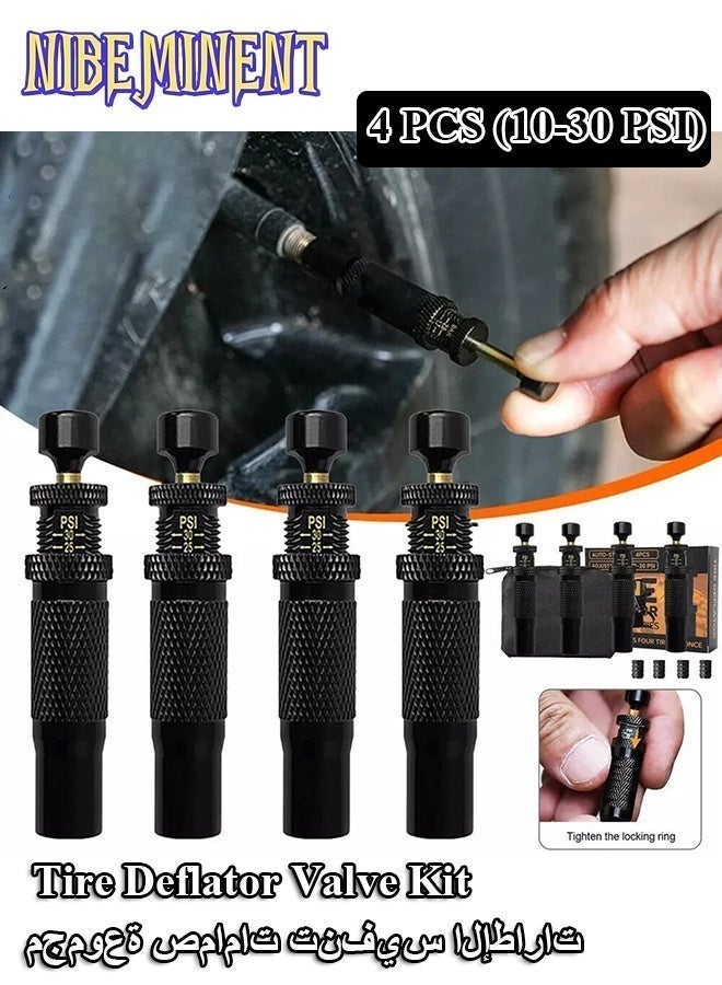 NIBEMINENT 4 PCS Adjustable Auto-Stop Tire Deflator Valve Kit (10-30 PSI) Screw-on Tyre Air Down Tool for Vehicles Motorcycle Offroad(with 4 Valve caps) - Image 1