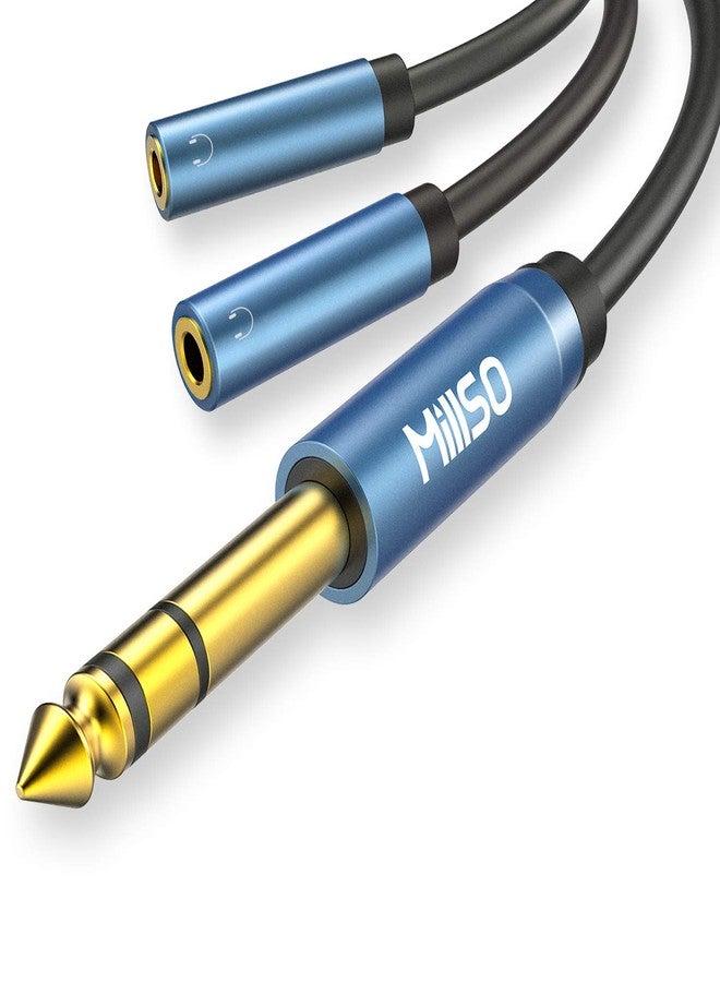 MillSO 6.35mm 1/4 Male to Dual 3.5mm 1/8 Female Headphone Adapter, TRS Stereo Sapphire Blue & Gold-Plated Audio Splitter for Amplifiers, Guitar Amp, Keyboard Piano, Home Theater, Mixer - 12 inch - Image 1